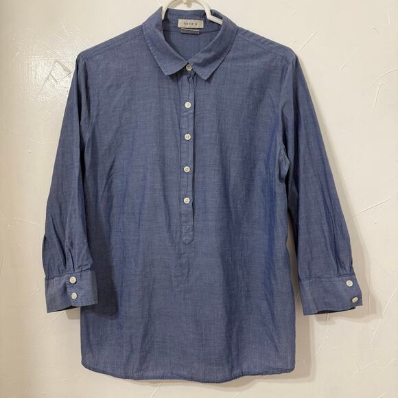 VanHeusen 3/4 Sleeve Women's Blouse Large Button Up Shirt Blue Collared Cotton - Picture 1 of 5